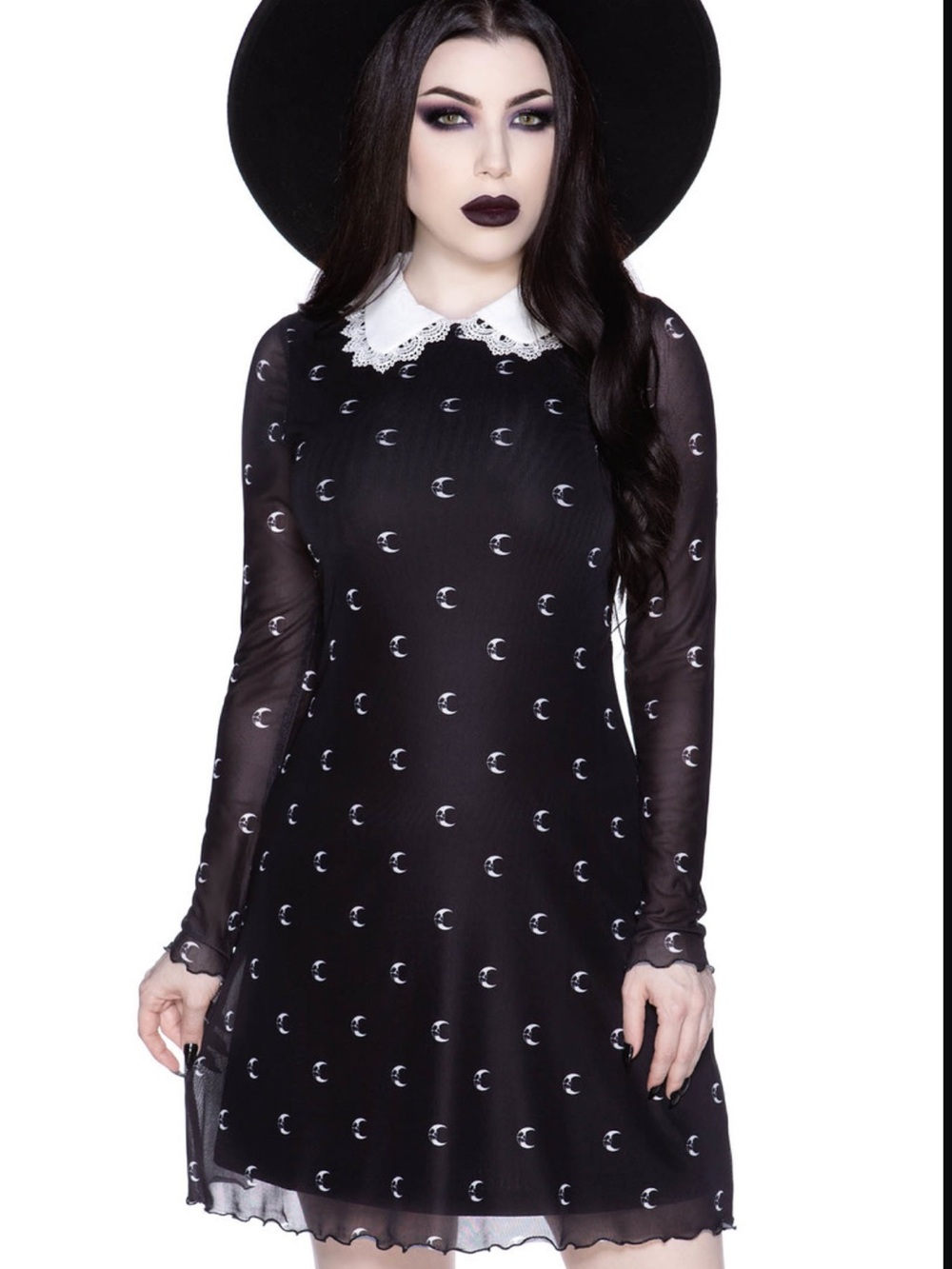 BNWT Killstar Misty Collar Black Moon-Print Lace Collar Long-Sleeve Dress Sz XL